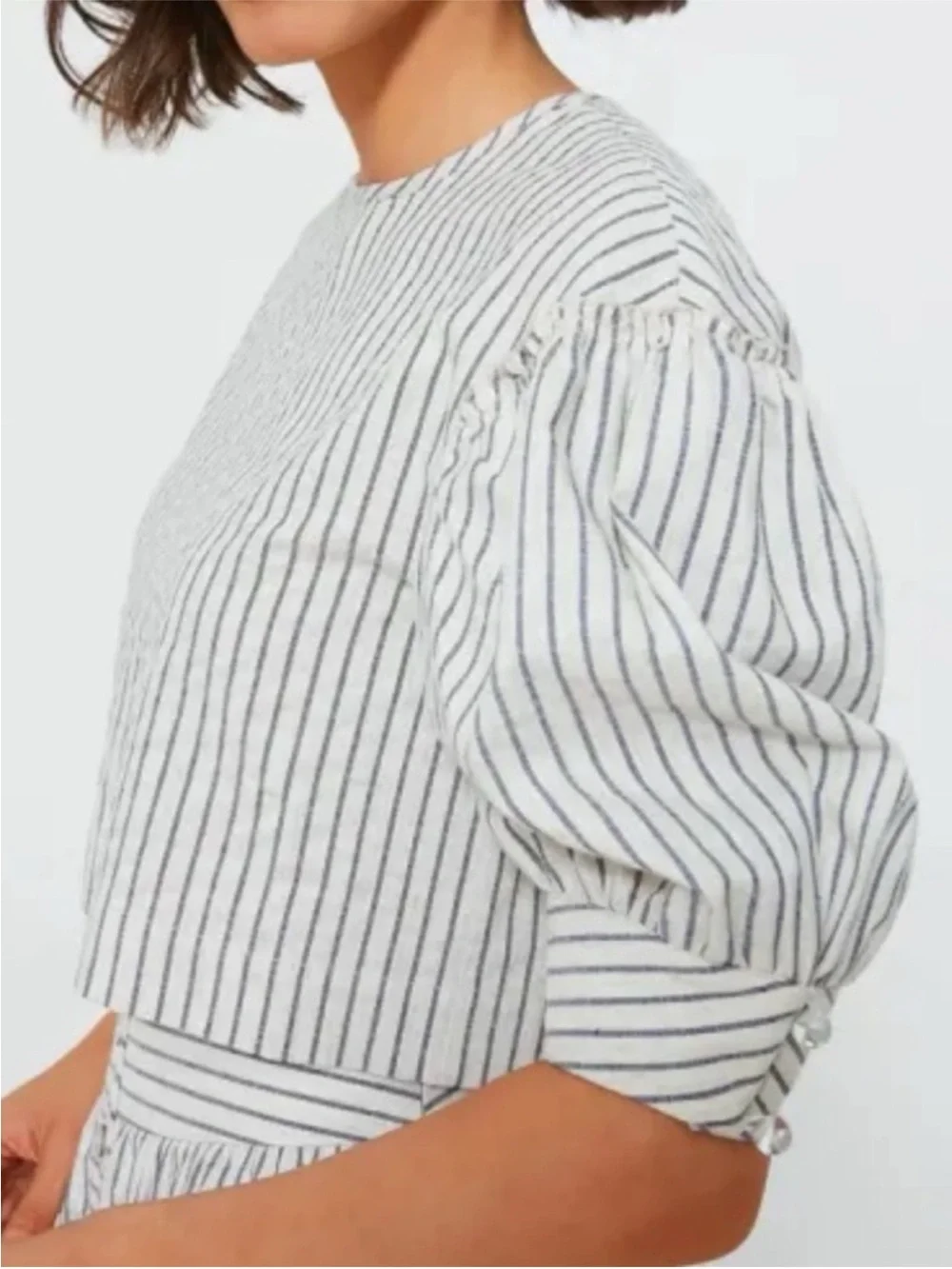 Tuckernuck Stripe Edie Puff Sleeve Top in Blue Linen New Cropped Size Small